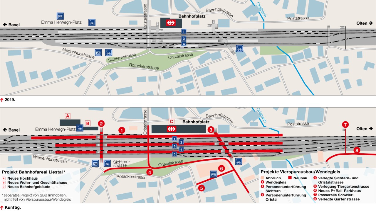 Die Grafik zeigt den Liestaler Bahnhofbereich 2019 und künftig, nach Umsetzung der Projekte Vierspurausbau und Wendegleis.