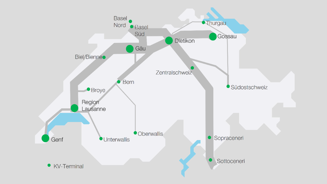 Five new terminals for combined traffic between Geneva and St. Gallen: Geneva, Lausanne Region, Gäu, Dietikon and Gossau.