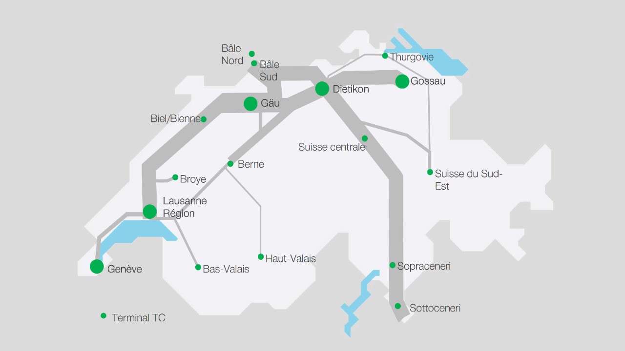 Cinq nouveaux terminaux de trafic combiné entre Genève et Saint-Gall : Genève, Lausanne Région, Gäu, Dietikon et Gossau.