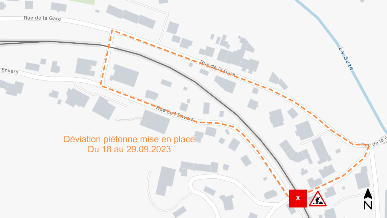 Umleitung für Fussgänger:innen während der Schliessung des Bahnübergangs Corneilles.