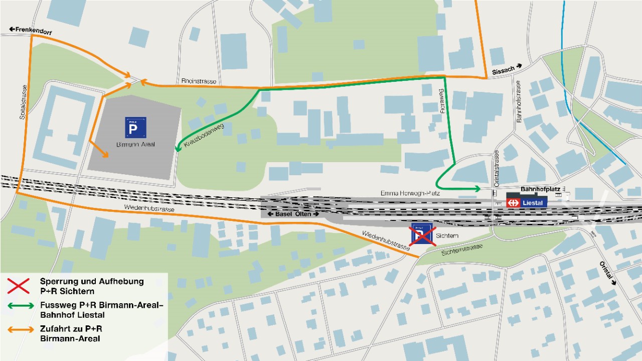 Die Karte zeigt, wie man während der Sperrung und späteren Aufhebung der P+Rail-Anlage Sichtern zu den Ersatzparkplätzen auf dem Martin-Birmann-Areal gelangt. Auch der Fufssweg vom Birmann-Areal zum Bahnhof ist eingezeichnet.