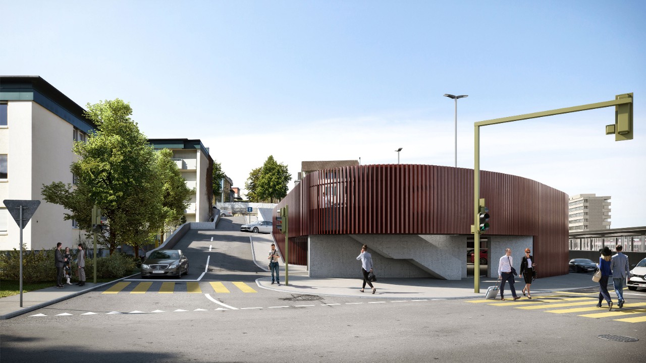 Die Visualisierung zeigt das neue P+Rail-Parkhaus Tiergartenstrasse von der Oristalstrasse Richtung Tiergartenstrasse gesehen.