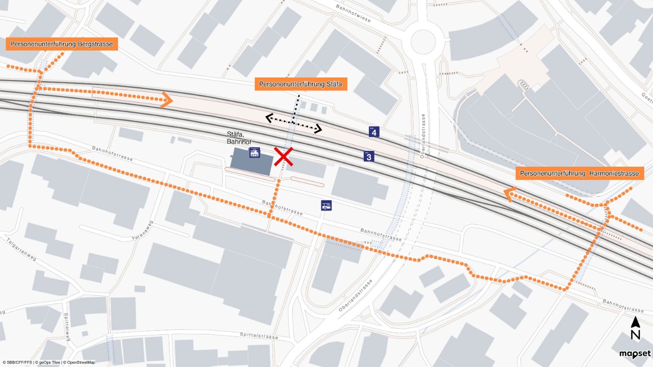 Plan des Bahnhofs Stäfa mit markierter Sperrung bei der Personenunterführung Süd und signalisierter Umleitung zur Personenunterführungen Bergstrasse und Harmoniestrasse.