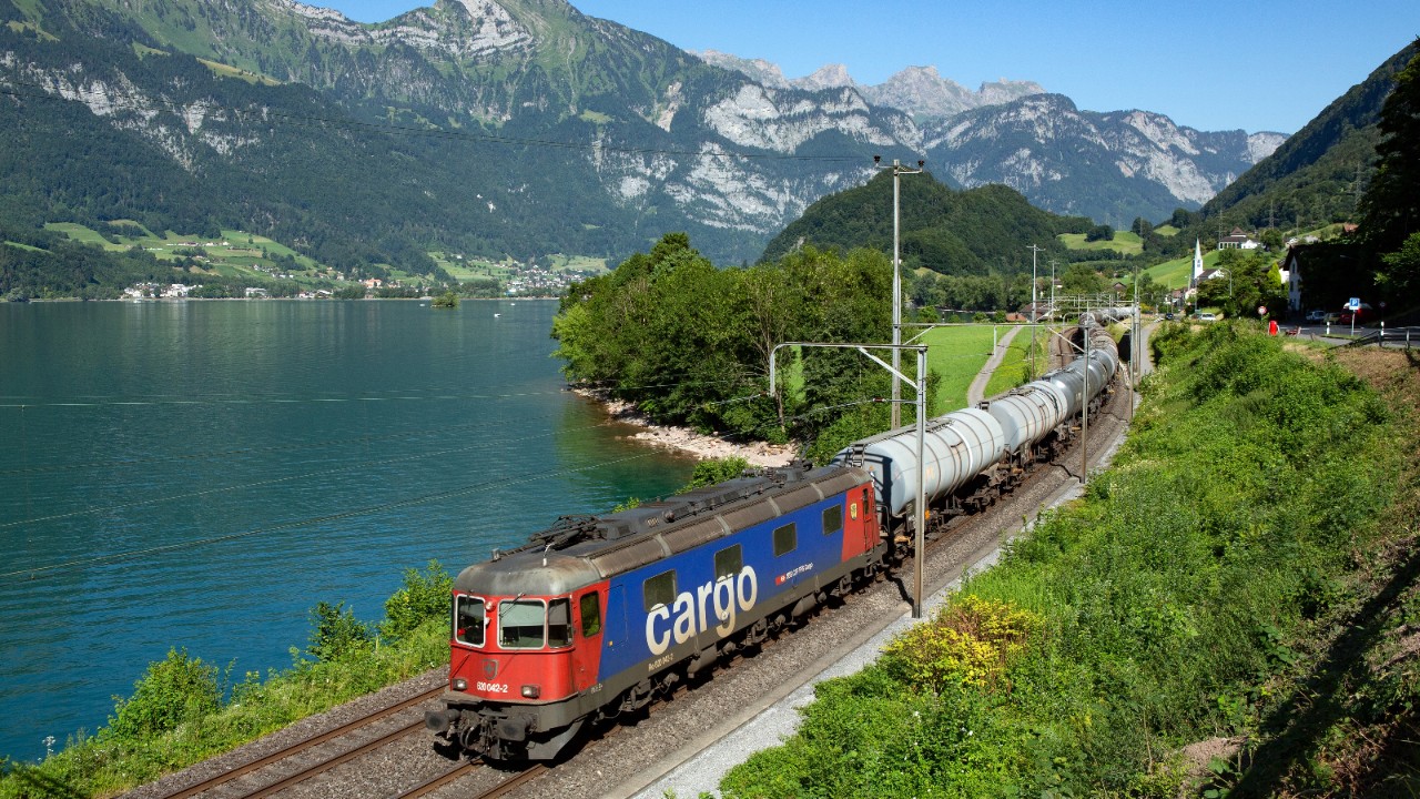 Un treno merci in viaggio lungo un lago.