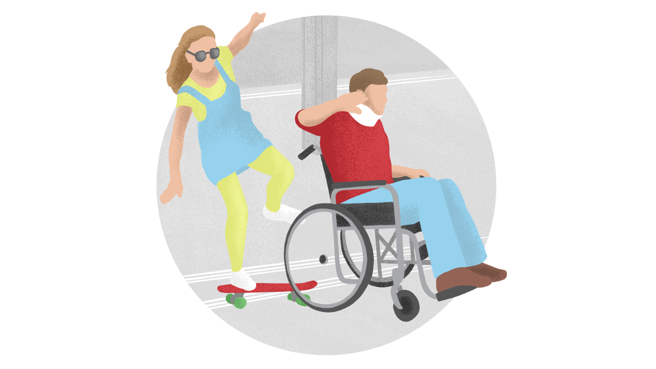A woman on a skateboard does not comply with the riding ban on the railway premises and crashes into a wheelchair user on the platform. The wheelchair user holds out his arm to protect himself and the woman falls off her skateboard.
