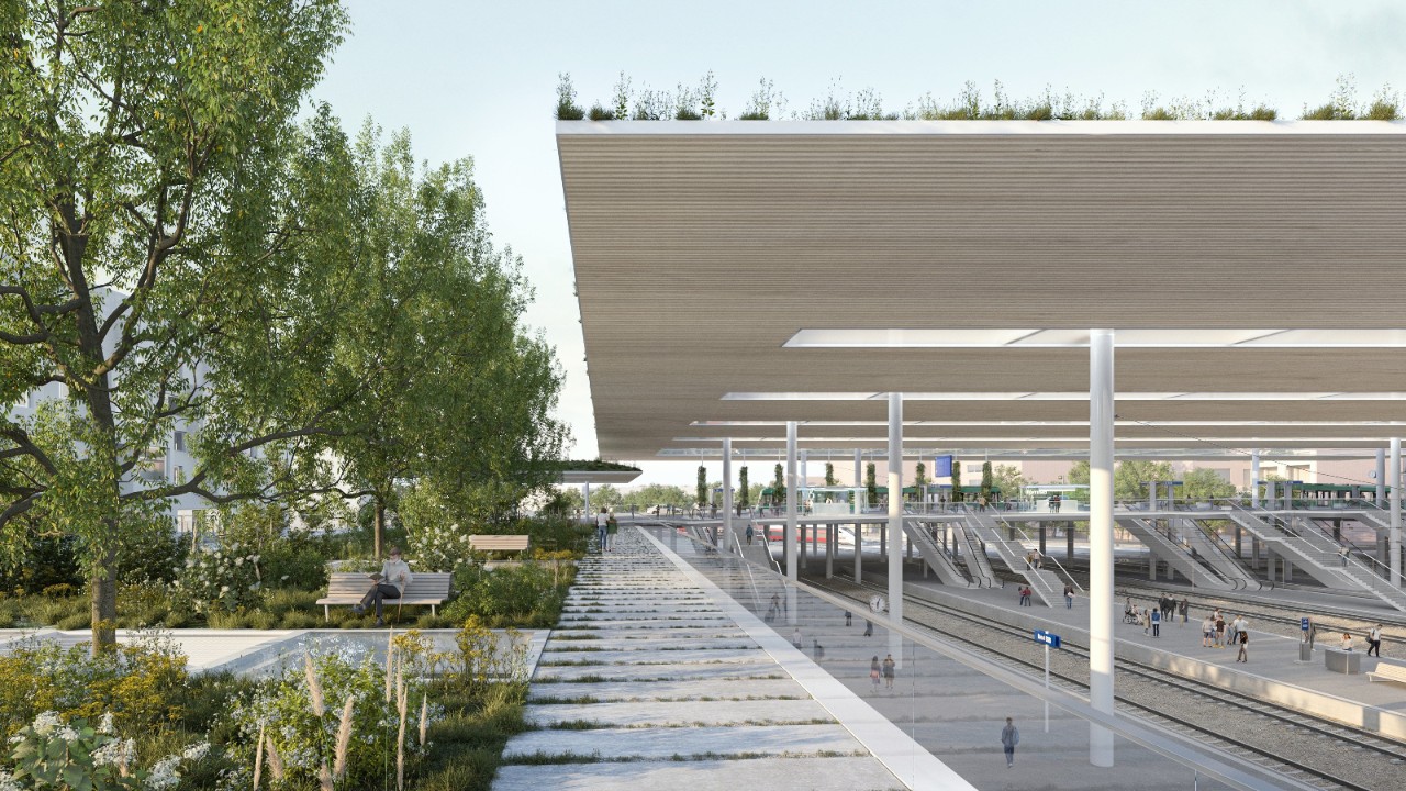 Visualisierung eines neuen Perronzugangs mit einem grosszügigen, begrünten Plateau neben den Gleisen. Eine weit auskragende Überdachung auf schlanken Stützen schützt die Perrons, darunter sind Treppen und Wege für den Zugang sichtbar. Bäume, Sitzgelegenheiten und Pflanzen prägen den öffentlichen Aufenthaltsbereich oberhalb der Bahnanlagen.
