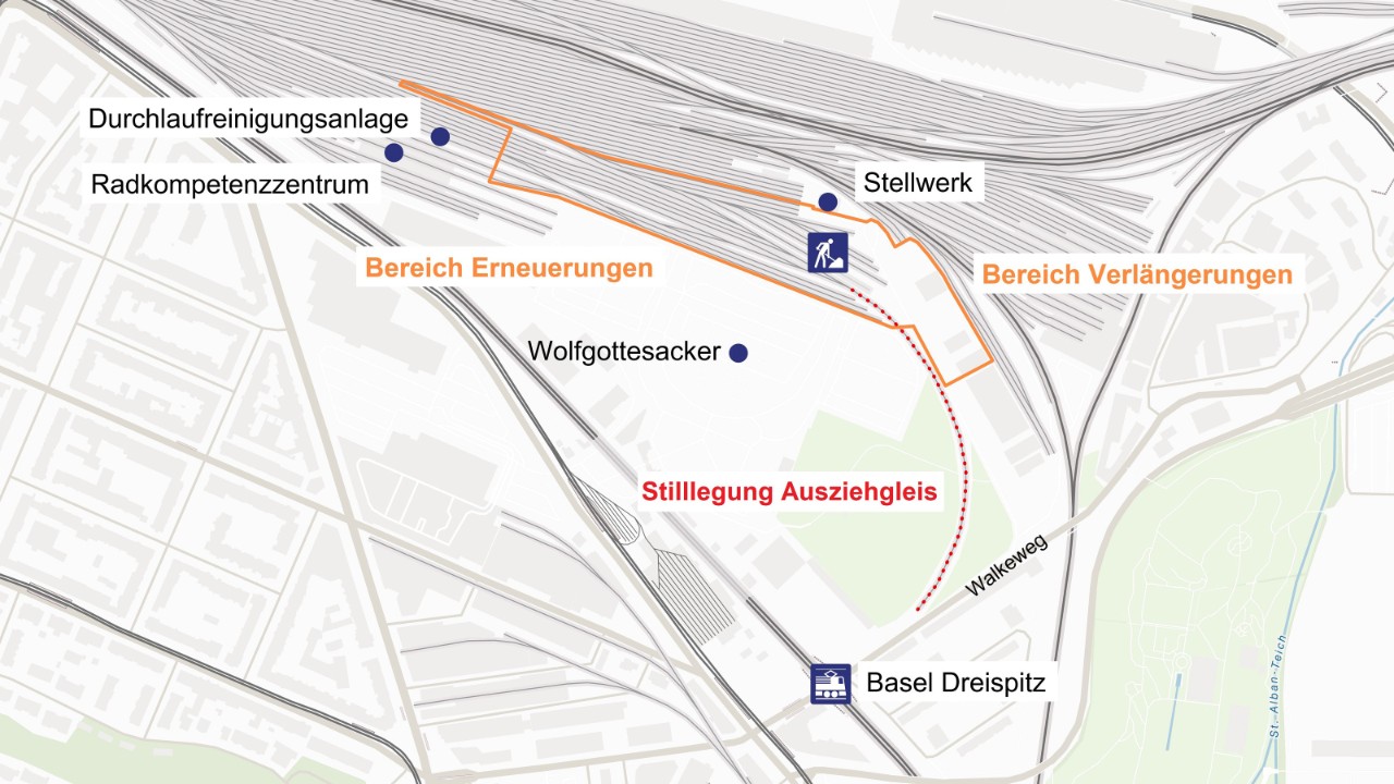 Die Grafik zeigt den Baubereich des Projekts nördlich des Friedhofs Wolfgottesacker von Süden Richtung Norden gesehen. 