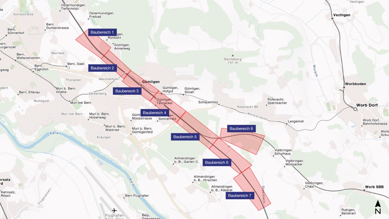 Kartenausschnitt von Gümligen mit der Einteilung in acht Baubereiche - von Nord nach Süd.