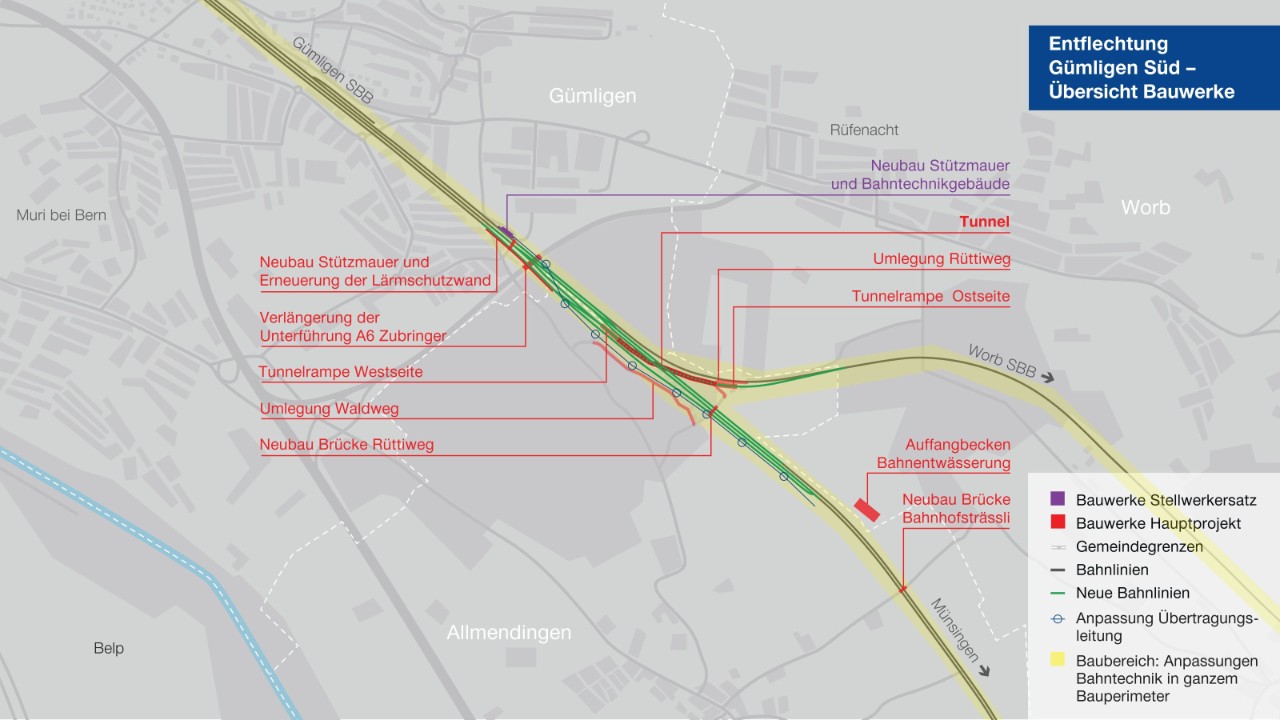 Eine Grafik auf Basis der Landkarte zeigt die verschiedenen Bauwerke, die im Projekt Entflechtung Gümligen Süd umgesetzt werden sollen.