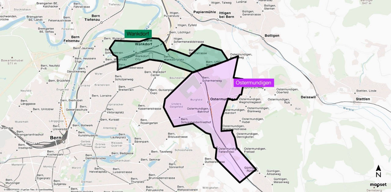 Übersichtsplan des Baustellenperimeters zwischen Wankdorf und Ostermundigen. Der gesamte Perimeter wird in zwei Bereiche unterteilt: Bereich Wankdorf und Bereich Ostermundigen. Die Grenze zwischen den beiden Bereichen macht die Brücke Bolligenstrasse, welche sich in der Mitte befindet.
