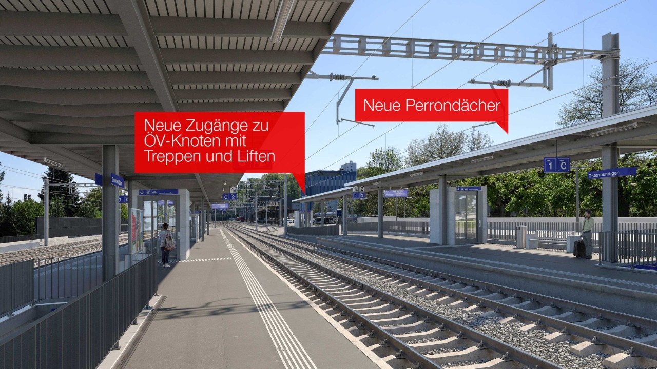 Visualisierung des künftigen Bahnhofs Ostermundigen, Blick von Gleis 3 Richtung Süden. Die neuen Treppen und Lifte für die direkte Anbindung an Bus und Tram sind sichtbar.