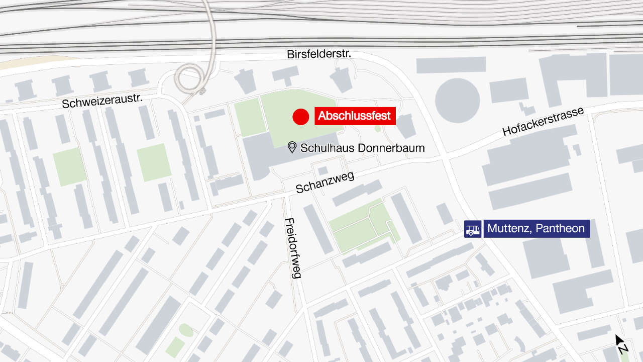 Die Grafik illustriert, wo das Abschlussfest stattfindet: beim Schulhaus Donnerbaum am Schwanzweg 20 in Muttenz.