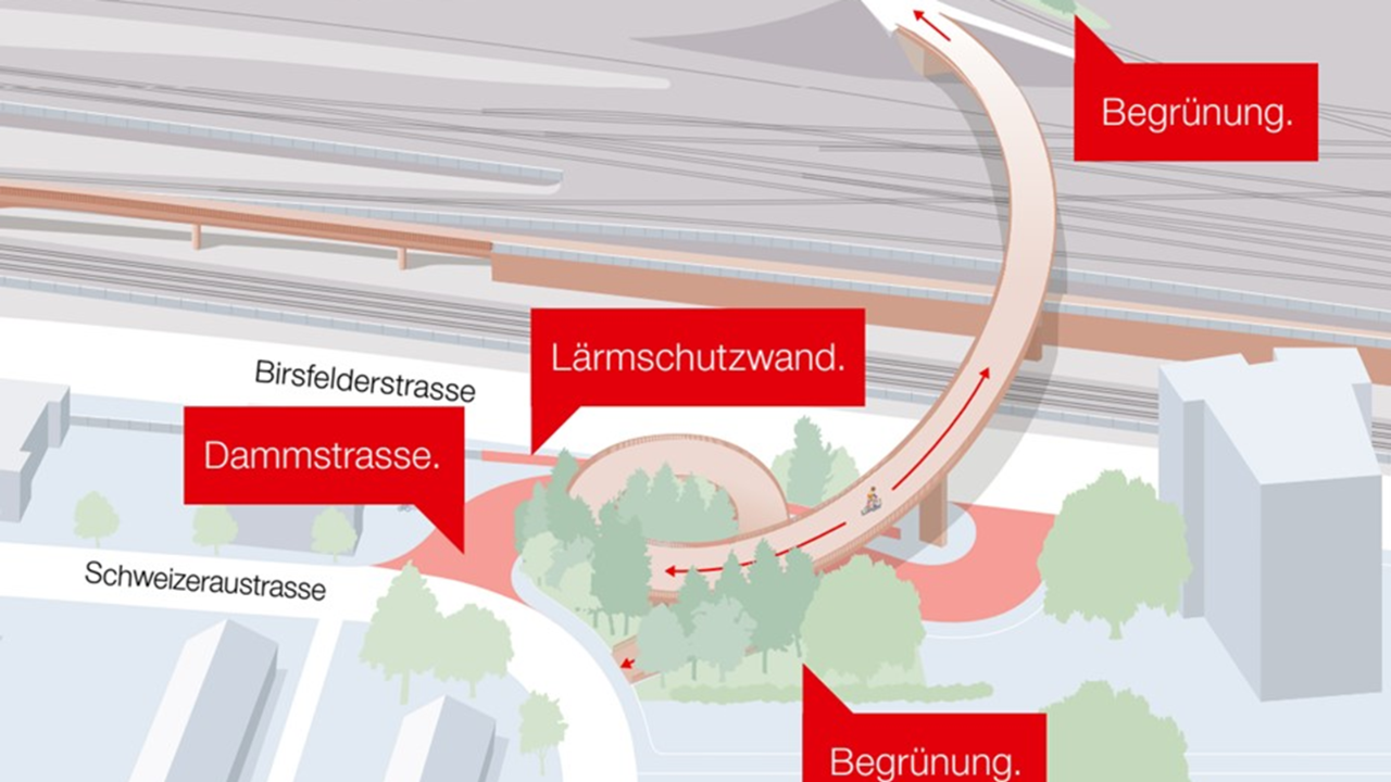 Die Grafik zeigt den Bereich bei dem spiralförmigen Auffahrt zur Passerelle Hagnau, welcher nun begrünt wird.