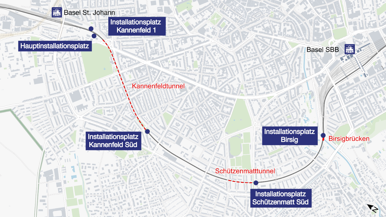 Die Karte veranschaulicht die Position der Installationsplätze entlang der Bahnstrecke von Basel St. Johann bis Basel SBB. Diese Plätze sind für die Baulogistik des Projekts 4-Meter-Korridor Basel von Bedeutung.