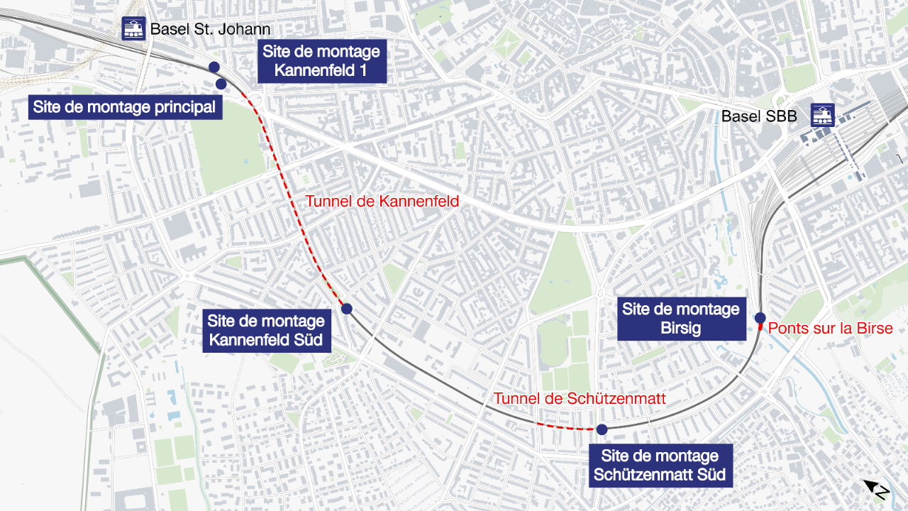 La carte montre la position des sites de montage le long de la ligne ferroviaire entre Basel St. Johann et Basel SBB. Ces sites jouent un rôle important pour la logistique des travaux dans le cadre du projet de corridor de 4 mètres de Bâle.