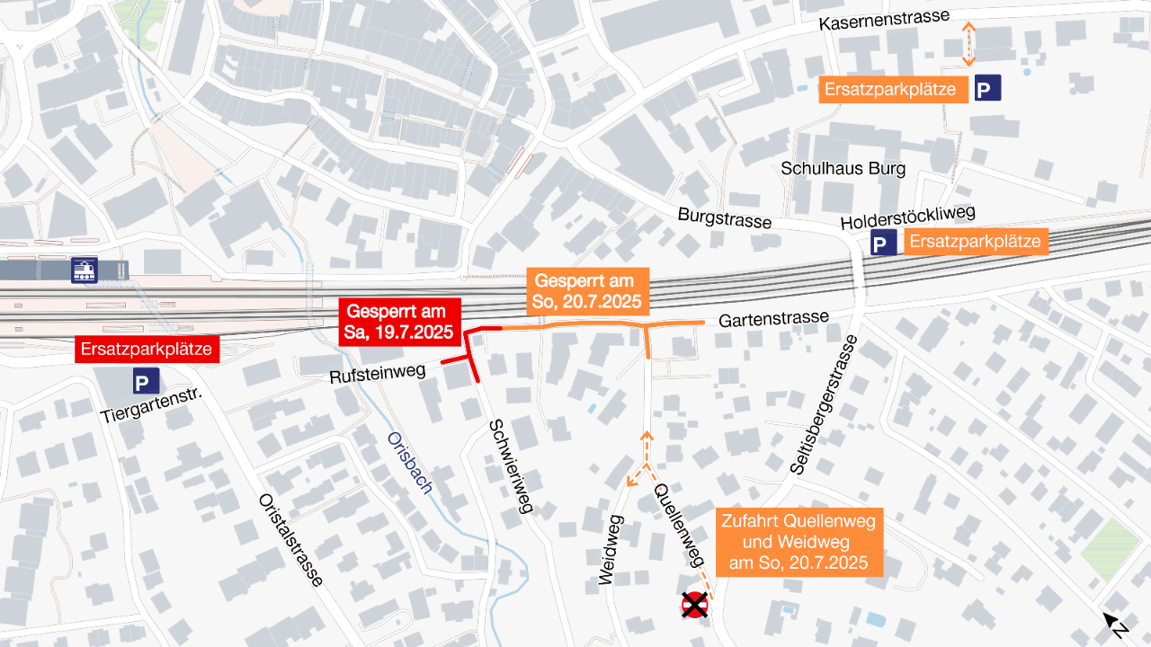 Der Plan illustriert die beschriebenen Verkehrseinschränkungen im Quartier, die wegen der Belagsarbeiten anstehen. Zudem zeigt der Plan, wo sich die Ersatzparkplätze befinden.