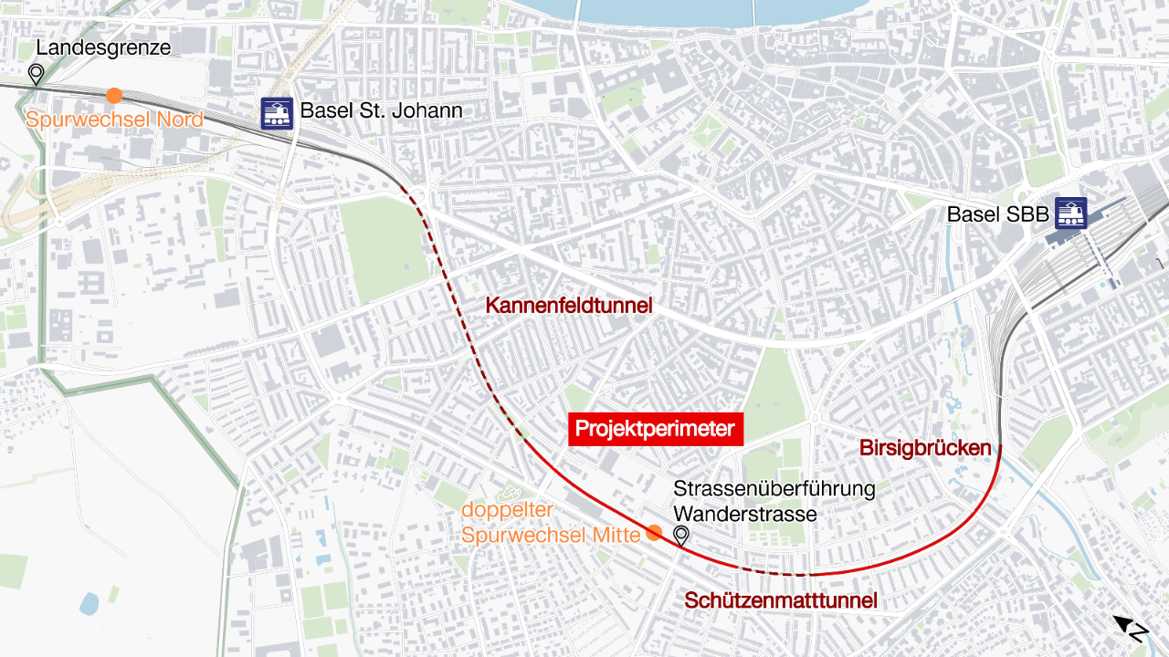 Die Karte zeigt die Lagen der provisorischen Spurwechsel. Einer befindet sich zwischen der Landesgrenze und dem Bahnhof Basel St. Johann. Die anderen beiden befinden sich bei der Strassenüberführung Wanderstrasse.