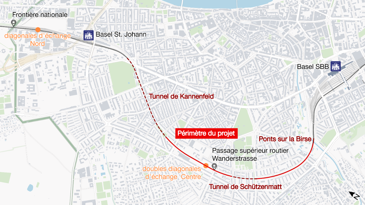 La carte montre l’emplacement des diagonales d’échange provisoires. L’une est située entre la frontière nationale et la gare de Basel St. Johann. Les deux autres se trouvent au niveau du passage supérieur de la Wanderstrasse.