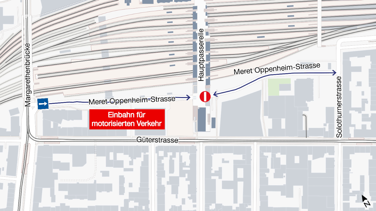 Die Grafik illustriert das beschriebene Einbahnregime für den motorisierten Verkehr auf dem westlichen Abschnitt derr Meret Oppenheim-Strasse.