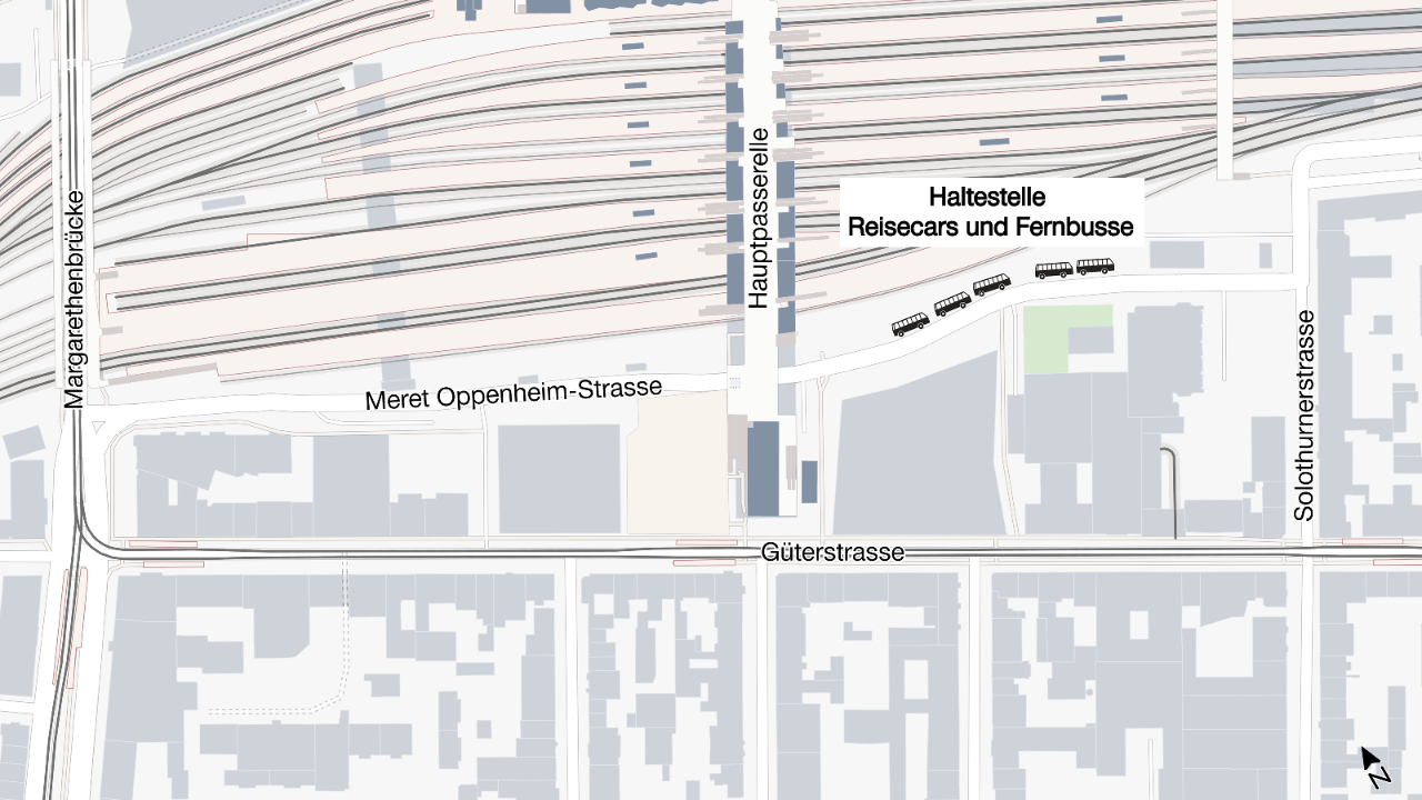 Die Grafik zeigt den neuen Standort der wiederhergestellten Haltestelle des Kantons für Reisecars und Fernbusse ab Mitte 2026.