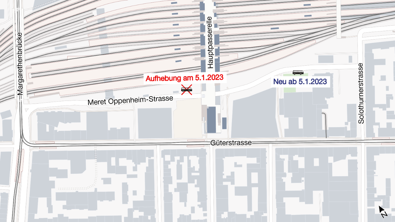 Die Grafik zeigt den früheren Standort der Haltestelle für Reisecars und Fernbusse westlich der Hauptpasserelle sowie den Standort des baubedingten Provisoriums östlich der Hauptpasserelle.