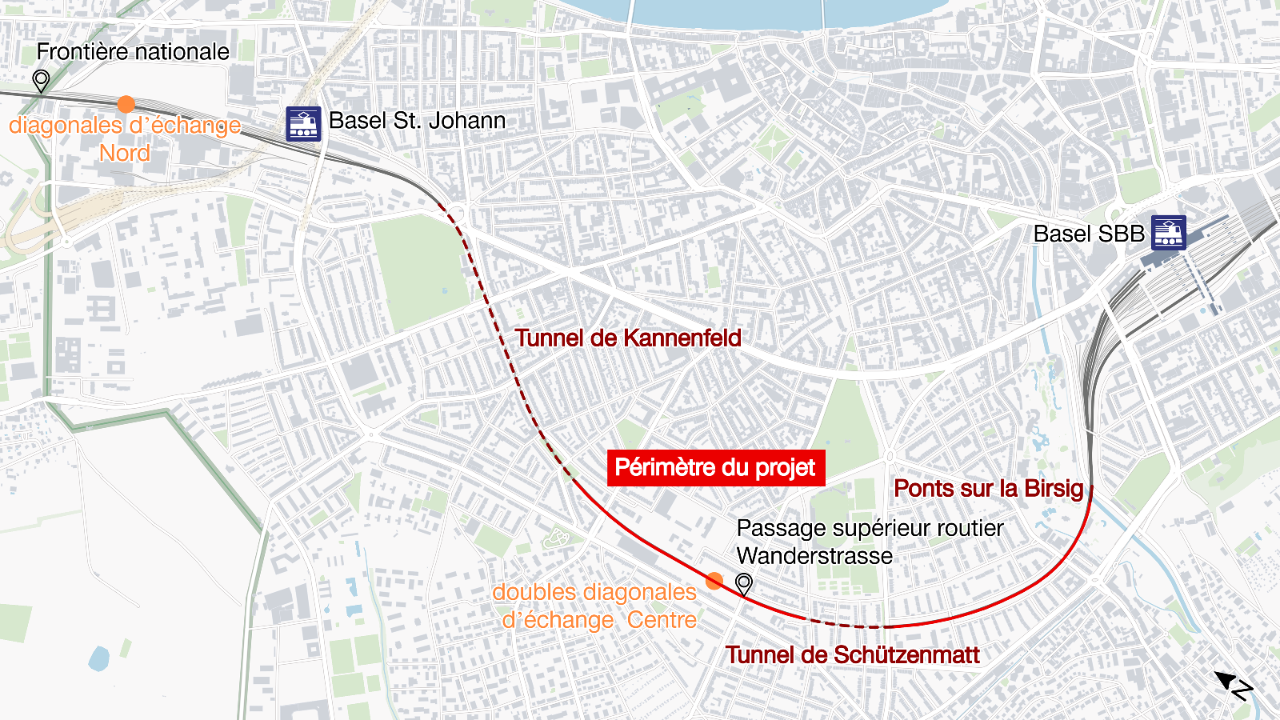 La carte montre l’emplacement des diagonales d’échange provisoires. L’une est située entre la frontière nationale et la gare de Basel St. Johann. Les deux autres se trouvent au niveau du passage supérieur de la Wanderstrasse.