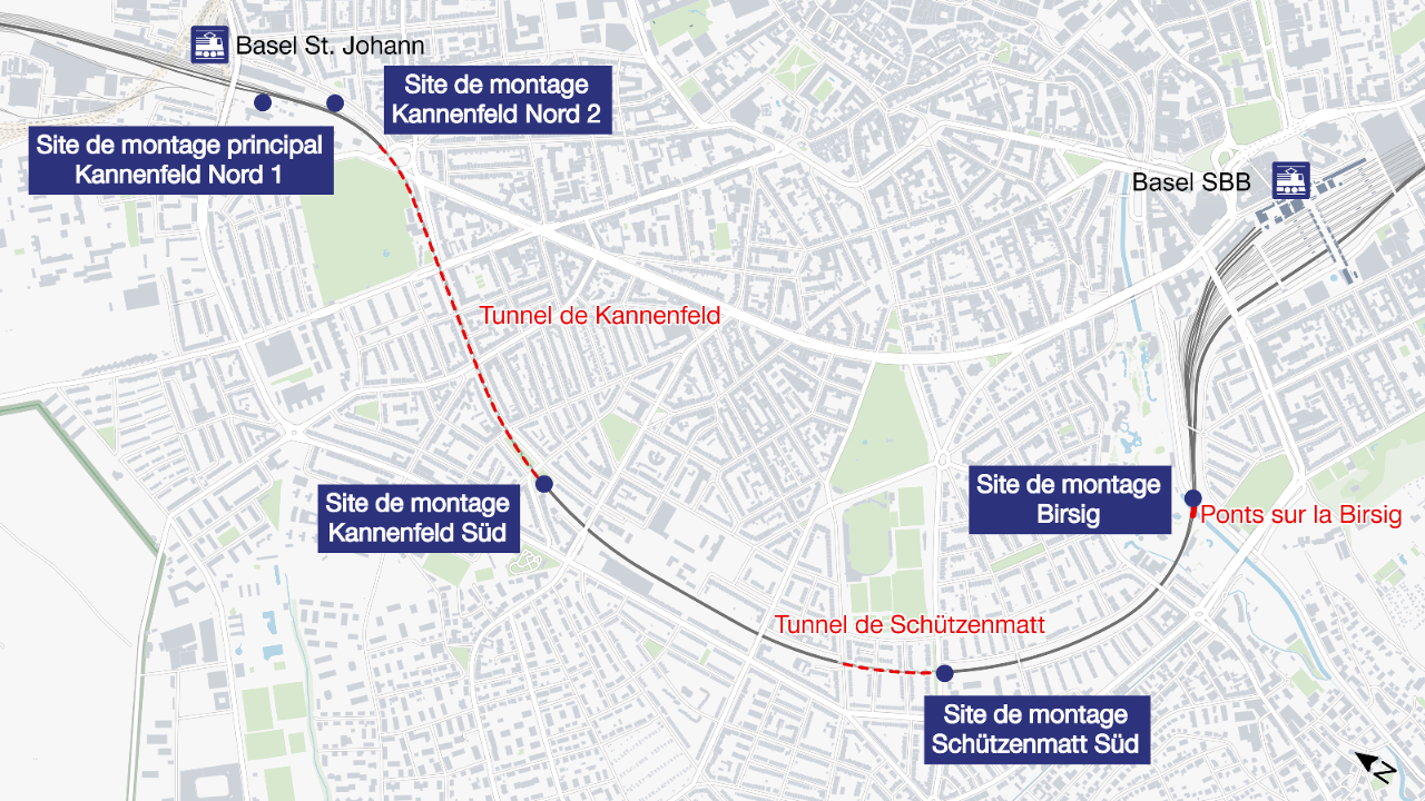 La carte montre la position des sites de montage le long de la ligne ferroviaire entre Basel St. Johann et Basel SBB. Ces sites jouent un rôle important pour la logistique des travaux dans le cadre du projet de corridor de 4 mètres de Bâle.  