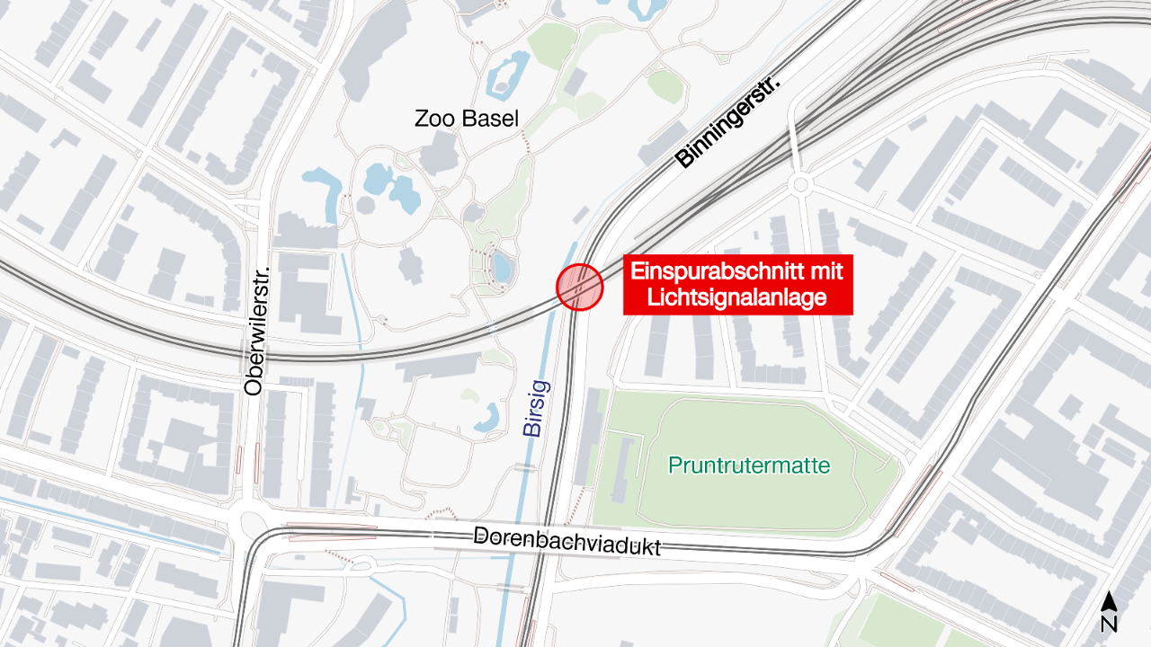 Auf einer Karte von Basel ist der besagte Einspurabschnitt mit einem roten Kreis und roter Beschriftung eingetragen. 