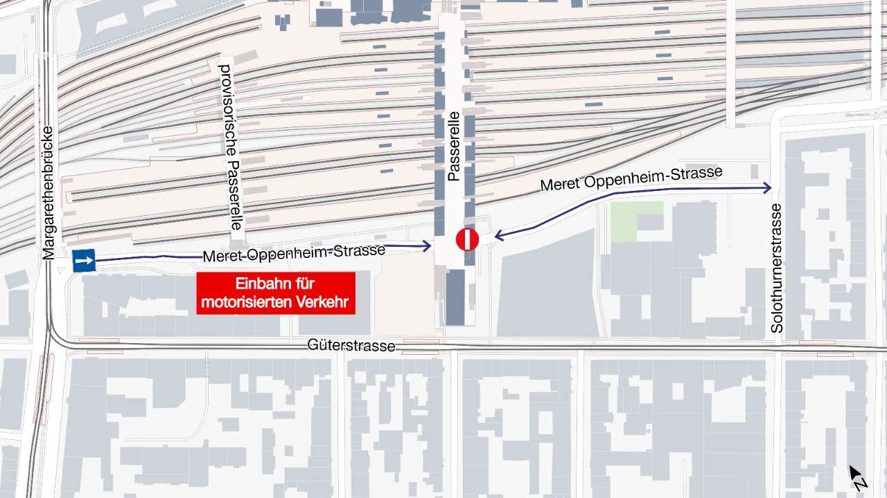 Die Grafik illustriert mit einem blauen Pfeil und zwei Verkehrssignalen das Einbahnregime für den motorisierten Verkehr auf dem westlichen Abschnitt der Meret Oppenheim-Strasse. Ein beidseitiger blauer Pfeil auf dem östlichen Abschnitt zeigt, dass dieser in beiden Abschnitten befahrbar ist. 