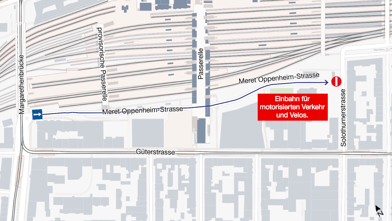 Die Grafik illustriert mit einem blauen Pfeil und Verkehrssignalen das Einbahnregime auf der Meret Oppenheim-Strasse.