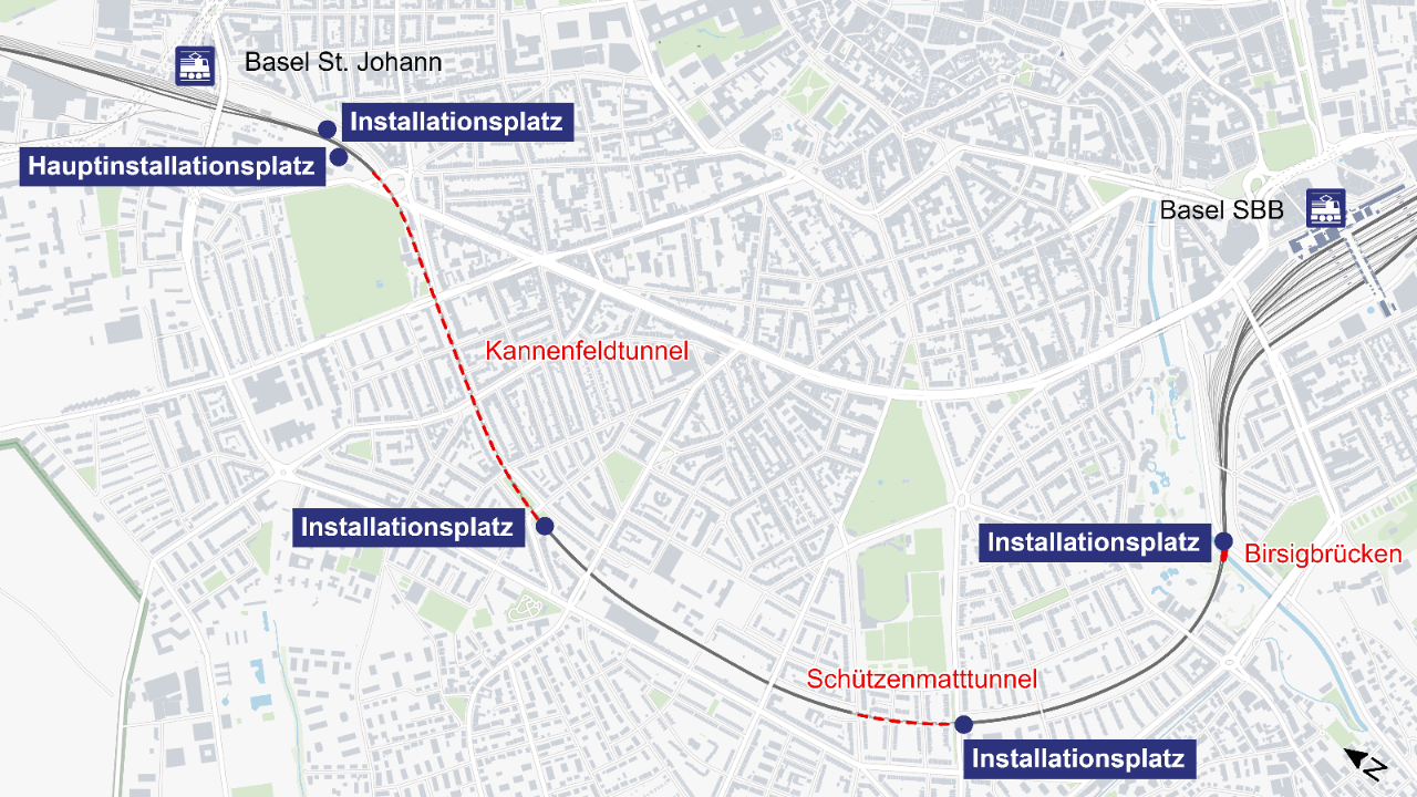 Die Karte veranschaulicht die Position der Installationsplätze entlang der Bahnstrecke von Basel St. Johann bis Basel SBB. Diese Plätze sind für die Baulogistik des Projekts 4-Meter-Korridor Basel von Bedeutung.