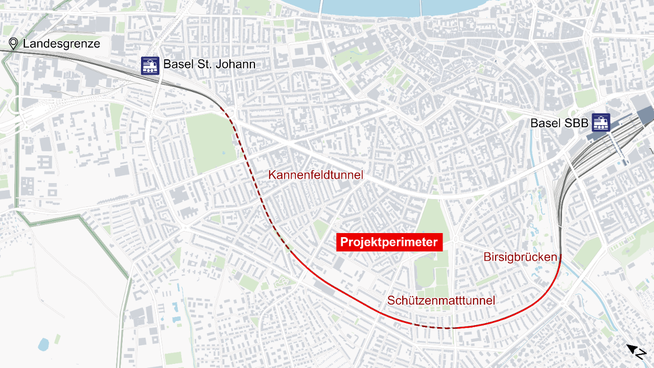 Die Grafik zeigt den Streckenabschnitt zwischen der französischen Grenze und dem Bahnhof Basel SBB. Bauliche Anpassungen für höhere Güterzüge sind im Bereich zwischen dem Nordportal des Kannenfeldtunnels und den Birsigbrücken erforderlich.