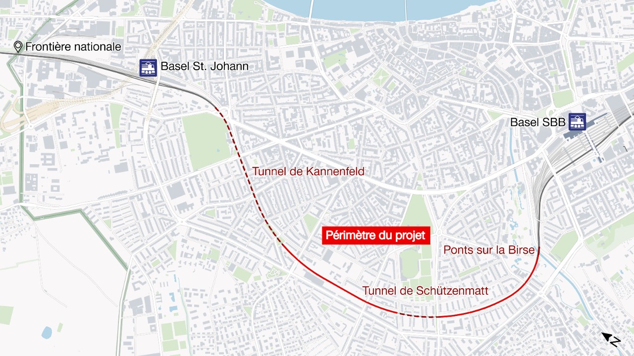 L’illustration montre le tronçon de ligne entre la frontière française et la gare de Basel SBB. L’infrastructure doit être adaptée entre le portail nord du tunnel de Kannenfeld et les ponts sur la Birse afin de permettre la circulation de trains de marchandises plus hauts.