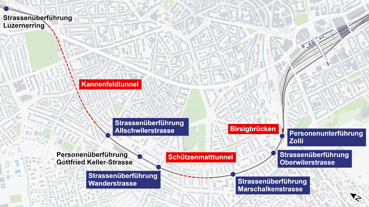 Die Grafik stellt eine Karte dar, auf der verschiedene Strassenüberführungen und -unterführungen sowie Tunnel und Brücken in einem städtischen Gebiet markiert sind. Die Unter- und Überführungen sind durch blaue Markierungen dargestellt, während die beiden Tunnel “Kannenfeldtunnel” und “Schützenmatttunnel” sowie die “Birsigbrücken” in Rot hervorgehoben sind. Die Namen der Straßen und Strukturen sind deutlich beschriftet.