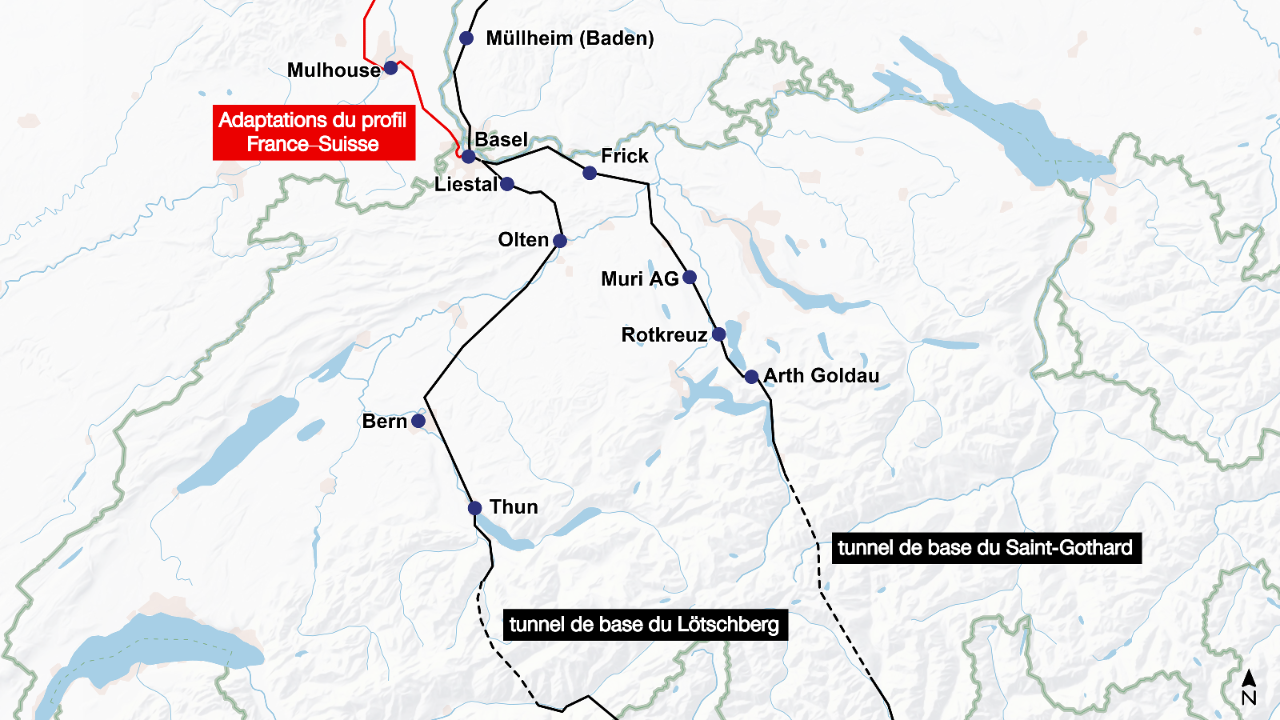 L’illustration consiste en une carte des axes NLFA et des lignes d’accès en Suisse, avec la liaison existante depuis l’Allemagne et le corridor de 4 mètres prévu depuis la France. Les axes principaux, à savoir le tunnel de base du Lötschberg et le tunnel de base du Saint-Gothard, sont représentés par des lignes noires, tandis que les lignes d’accès sont en bleu. L’aménagement prévu pour les circulations depuis la France est indiqué en rouge.