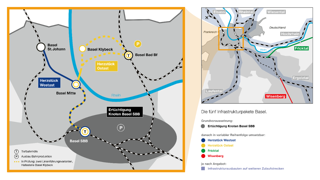Die Grafik zeigt die fünf Infrastruktur- und Angebotspakete für den langfristigen Ausbau des Bahnknotens Basel.