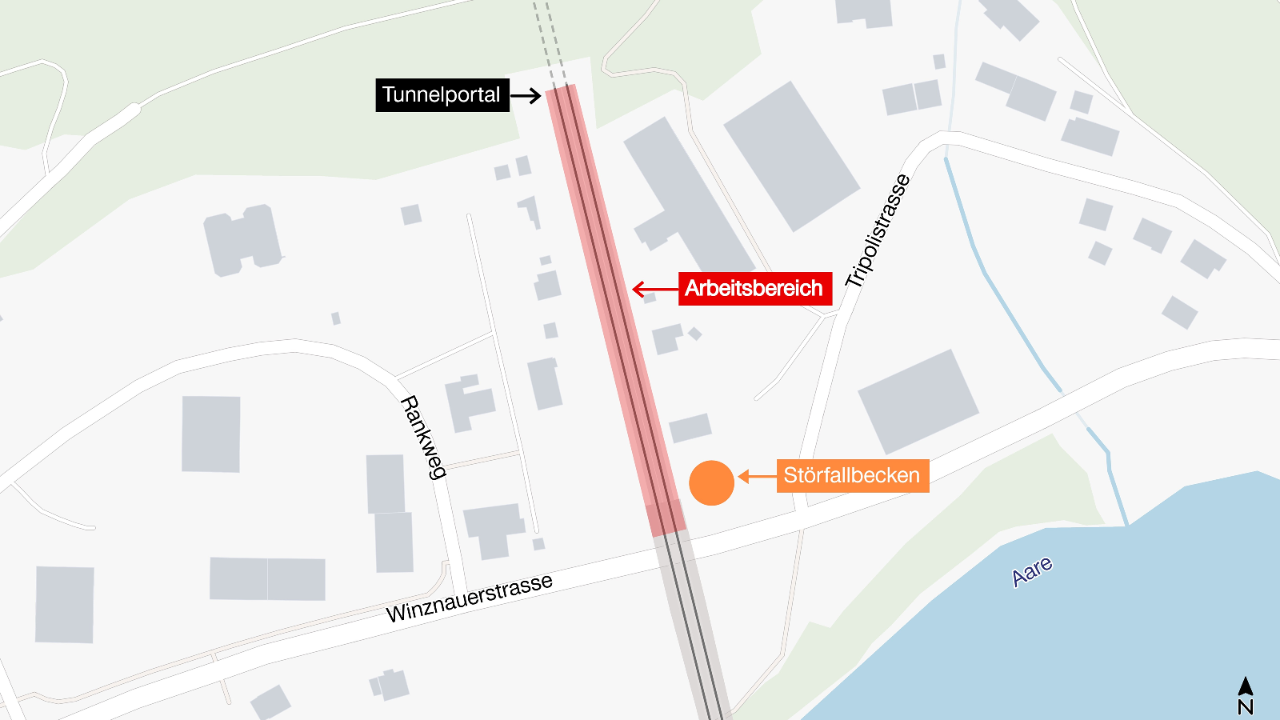 Die Karte zeigt den Baubereich der Hauptarbeiten in Trimbach.