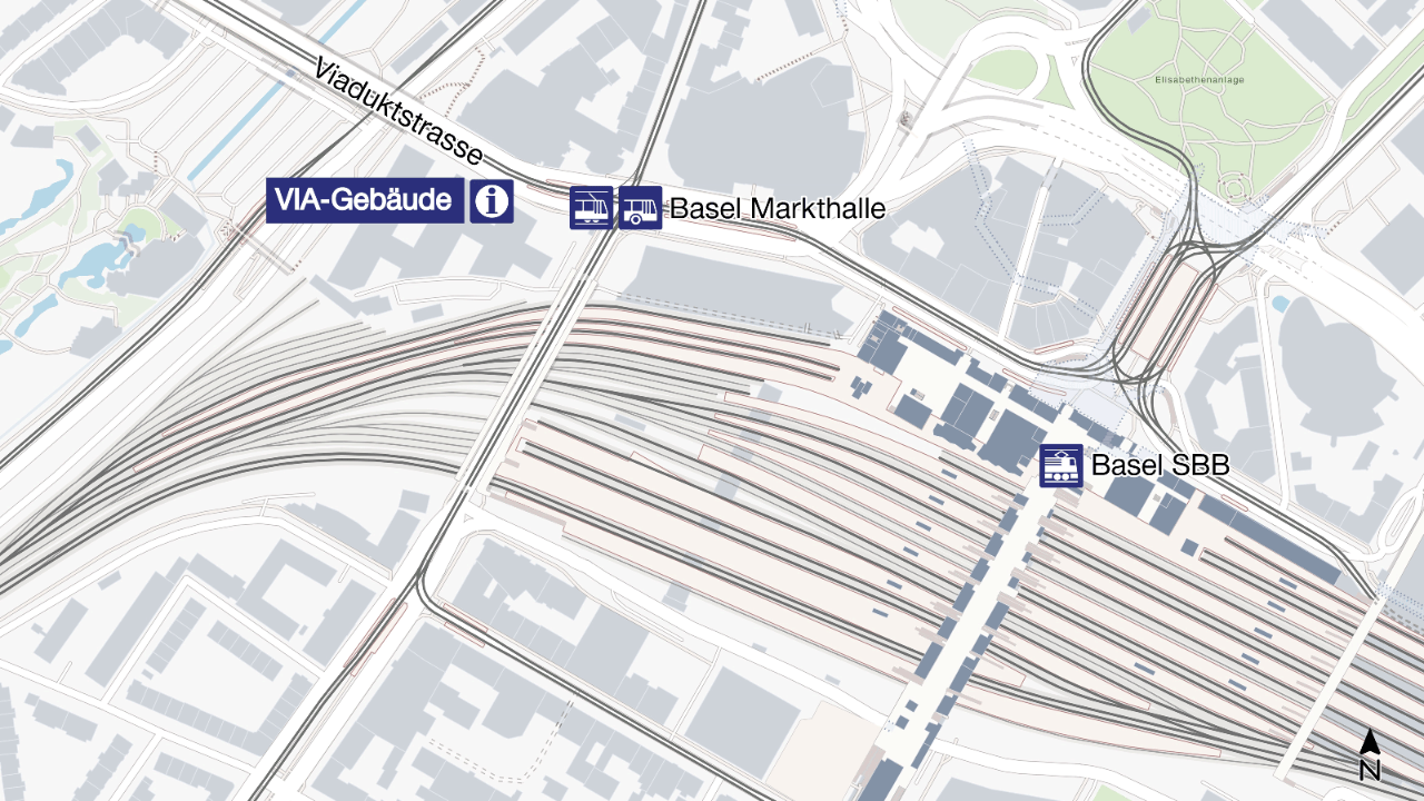 Die Grafik illustriert, wo der Informationsanlass stattfindet: im VIA-Gebäude an der Viaduktstrasse 33 in Basel, im Saal VIA-Auditorium.