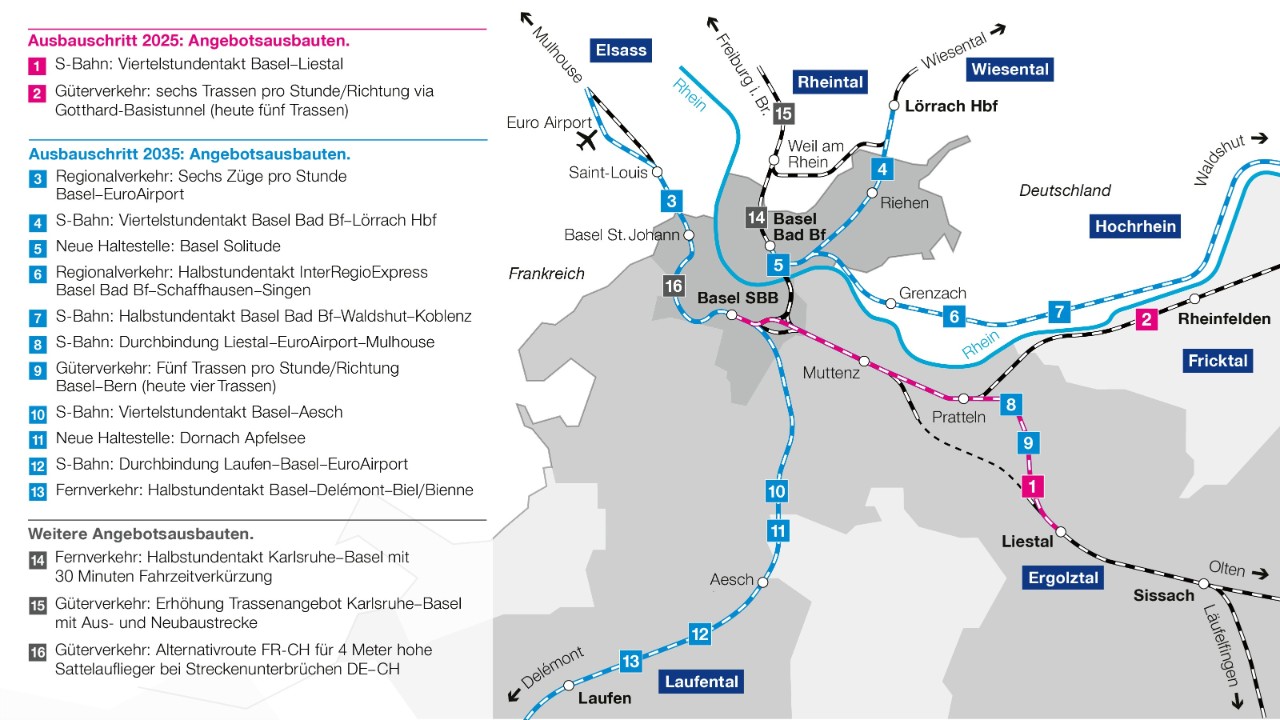 Die Grafik zeigt auf einer Karte die geplanten Angebotsausbauten in und um Basel.