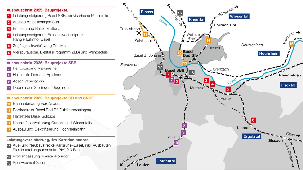 Die Grafik zeigt auf einer Karte, welche Bauprojekte in und um Basel nötig sind, um die geplanten Angebotsausbauten umsetzen zu können. 
