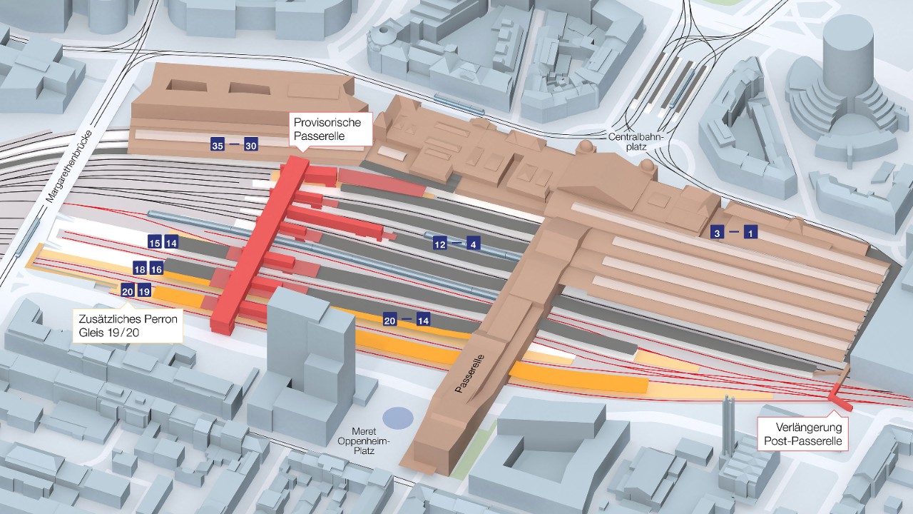 Die Visualisierung zeigt den künftigen Bahnhof Basel SBB von der Südseite (Gundeldingen) Richtung Norden (Centralbahnplatz) gesehen. Die Ausbauten und Anpassungen, welche im Rahmen des Projektpaktes vorgenommen werden, sind in roter und oranger Farbe eingezeichnet.