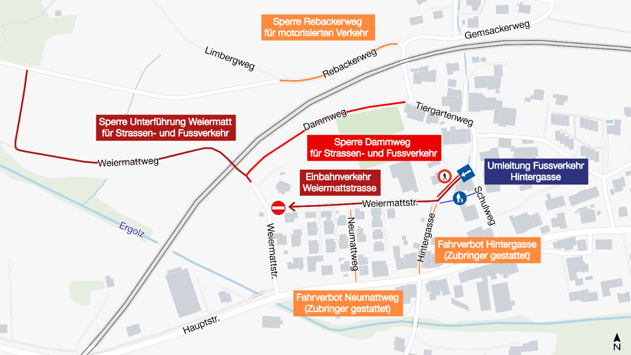 Die Karte zeigt dunkelrot, rot und orange eingezeichnet, welche Wegabschnitte gesperrt werden müssen. 