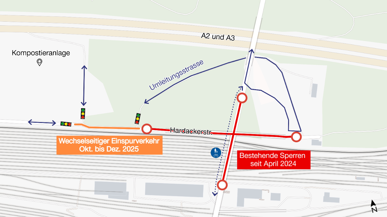 Die Grafik illustriert die wechselseitig einspurige Verkehrsführung auf der Hardackerstrasse von Ende Oktober bis Anfang Dezember 2025.