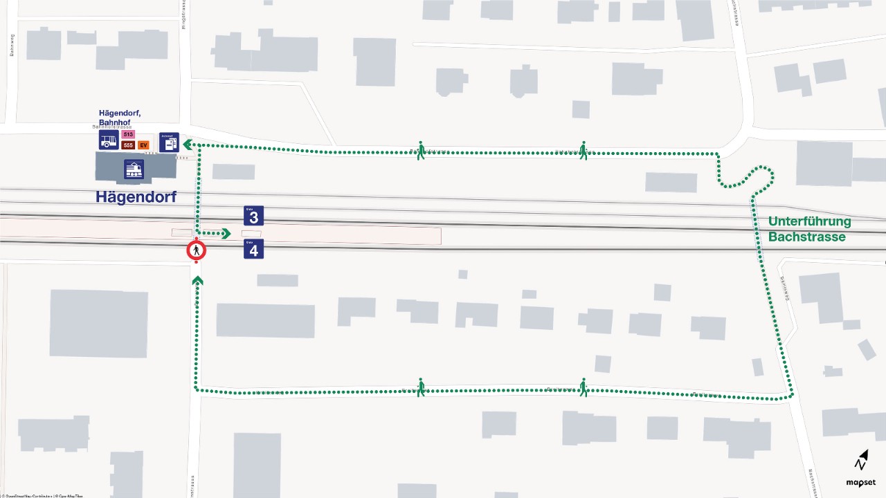 Der Plan zeigt den Bahnhof Hägendorf mit der Umleitung für den Zugang zur Nordseite und der provisorischen Standort der Bushaltestelle «Hägendorf, Bahnhof». Die Personenunterführung ist vom 23. September bis 15. Dezember 2024 gesperrt.