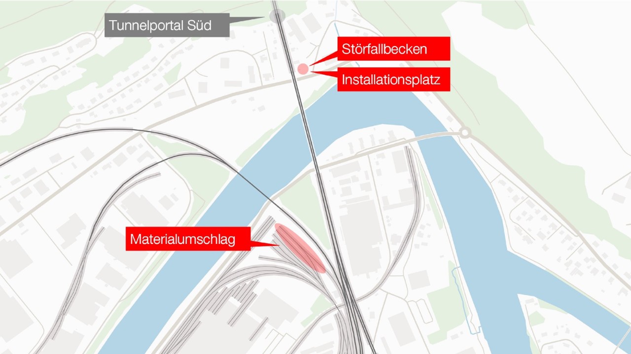 Die Karte zeigt die Lage des Störfallbeckens in Trimbach sowie die Lage des dortigen Installationsplatzes. Die für den Materialumschlag vorgesehene Gleis- und Verladeanlage in Olten ist in der unteren Bildhälfte markiert.