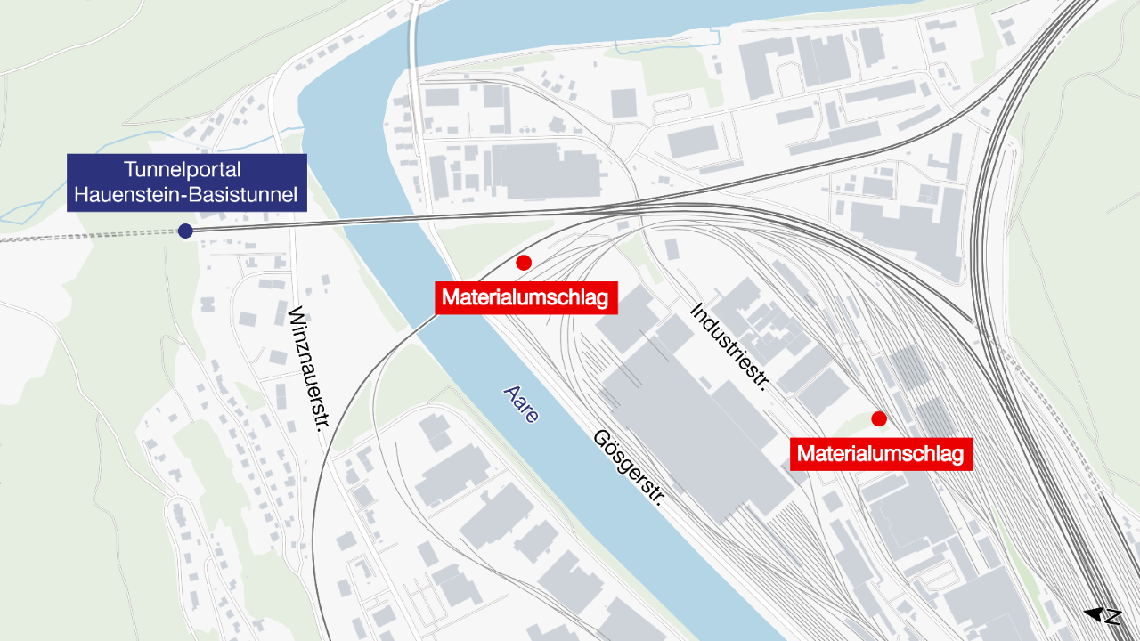 Die Karte zeigt mit roten Punkten die beiden Standorte auf dem Oltner Industrieareal, an denen während der Einspursperre von Juni bis Juli 2026 Baumaterial umgeschlagen wird. Das Tunnelportal des Hauenstein-Basistunnels ist mit einem blauen Punkt eingezeichnet. 