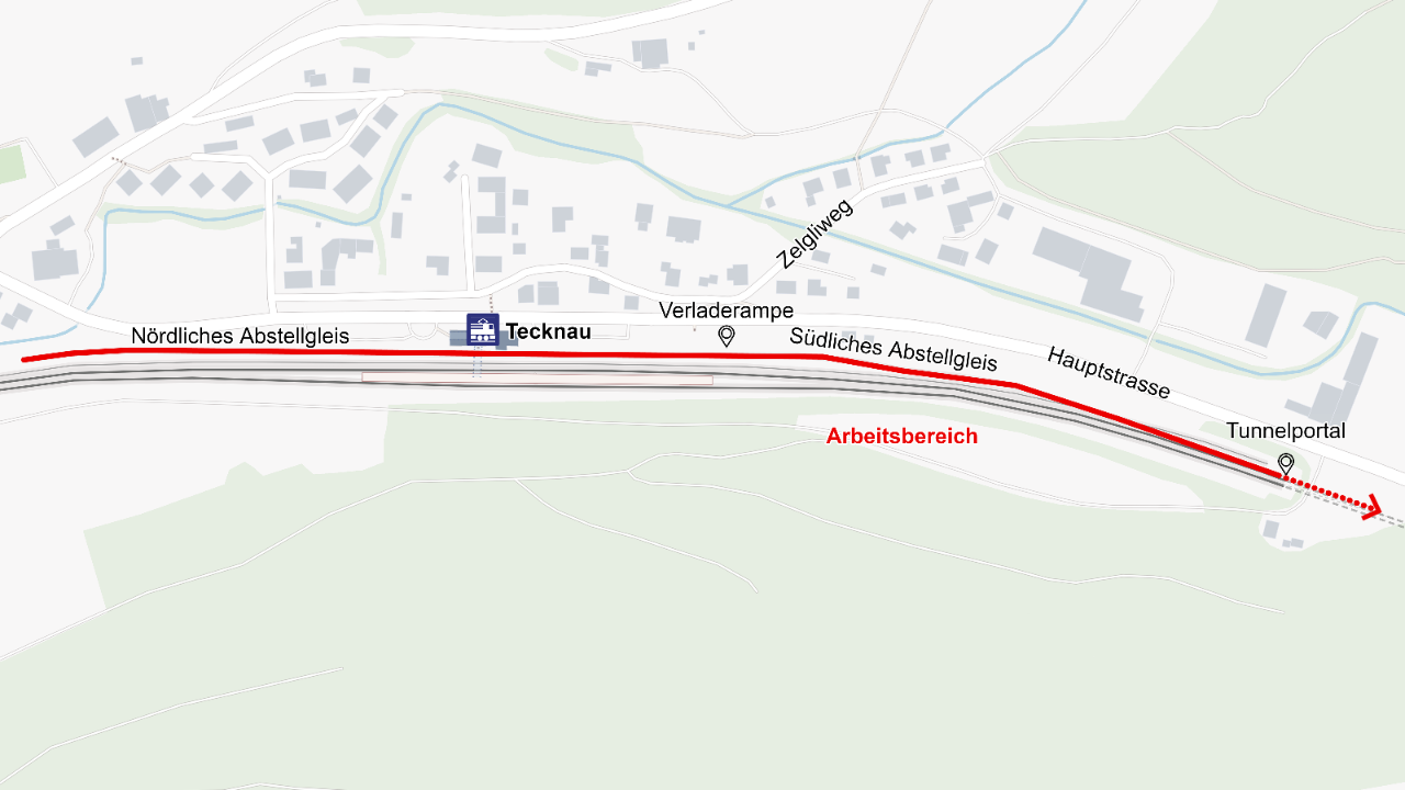 Die Karte zeigt den Baubereich der Hauptarbeiten in Tecknau.