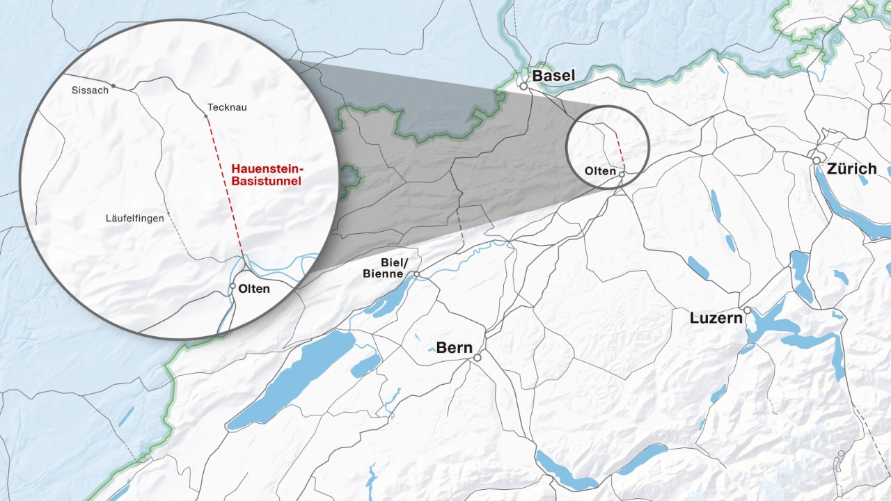 Der Plan zeigt die Lage des Hauenstein-Basistunnels im Schweizer Bahnnetz. Er liegt auf der Linie Basel–Olten. Seine beiden Portale befinden sich in Tecknau und Trimbach.