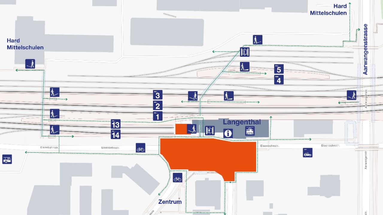 Die Grafik zeigt im vereinfachten Überblick den Bahnhof Langenthal mit dem provisorischen Busbahnhof. Weiter sind die örtlichen Signalisation und Umleitungen ersichtlich.
