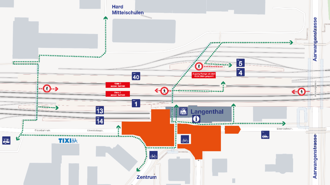Die Grafik zeigt im vereinfachten Überblick den Bahnhof Langenthal mit dem provisorischen Busbahnhof und dem Standort des Tixi-Taxi für Reisende mit eingeschränkter Mobilität, Anmeldung via Contact Center Handicap. Weiter sind die örtlichen Signalisation und Umleitungen ersichtlich.